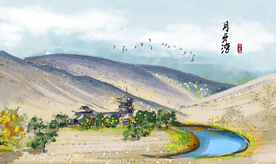 月牙湾景点古风插画卡通背景