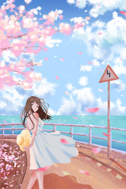 樱花少女海边清新插画背景