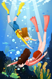 潜水海底人物清新插画背景