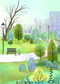 公园健身清新城市插画背景