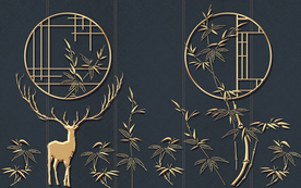 金色窗花小鹿国风传统插画背景