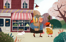 购物街边小店人物插画卡通背景