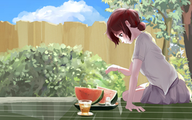 夏季吃西瓜女性人物插画卡通背景