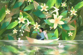 夏季湖面划船清新绿色背景素材