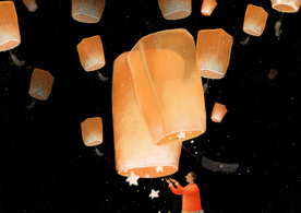 灯笼孔明灯人物放飞夜晚插画素材