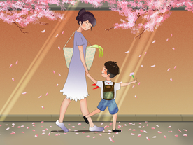 母亲节樱花人物清新插画素材