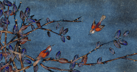 小鸟枝头传统墙画插画素材