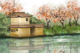 凉亭湖面夏季清新插画素材