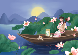 山水复古旗袍女性人物插画素材