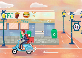 街头建筑骑手外卖插画背景素材