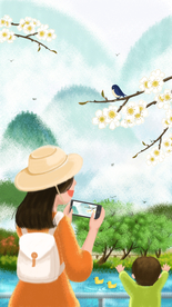 旅游户外母子人物清新插画背景