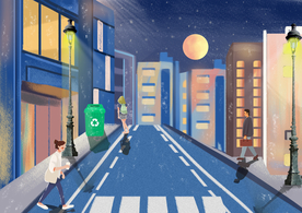 城市街道人物建筑插画背景