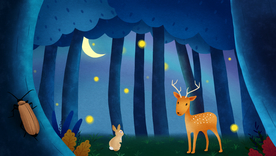 森林小鹿夜晚清新插画背景