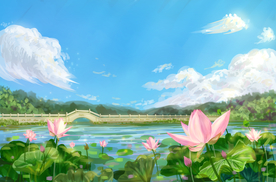 荷花荷叶天空清新插画背景