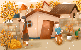 打扫院子屋子人物清新素材