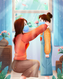 戴口罩母女抗疫人物卡通插画背景