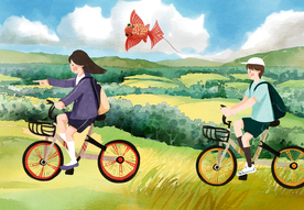 户外骑行人物风筝清新插画背景