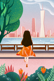 户外风景建筑人物女性插画背景