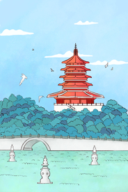 高塔地标清新城市插画卡通背景