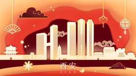 西安建筑地标城市插画卡通背景