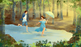森林情侣人物插画卡通背景素材