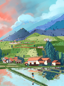 山水小镇清新插画卡通背景素材