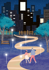 夜晚街道人物插画卡通背景素材