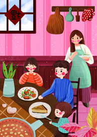 团圆年夜饭人物插画卡通背景素材