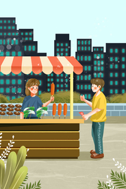 摆摊人物热狗卡通插画背景素材