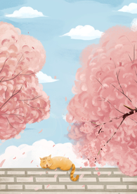 樱花粉色小猫卡通插画背景素材