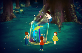 夏季人物森林梦幻插画卡通素材