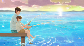 父子夏季海边钓鱼清新海报素材