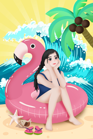 夏季人物女性游泳圈卡通插画素材