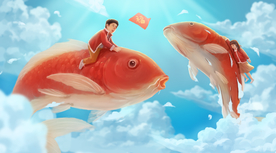金鱼天空人物清新插画卡通素材