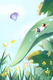 夏季人物清新树叶插画卡通素材
