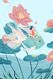 金鱼夏季少女人物插画卡通素材