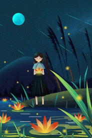 夏季河流少女人物插画卡通素材