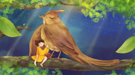 森林小鸟人物清新插画卡通素材