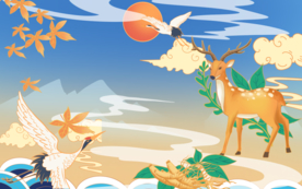 仙鹤小鹿国风插画卡通背景素材