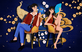 人物情侣国潮插画卡通背景素材