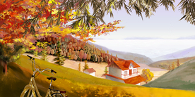 风景建筑清新插画卡通背景素材