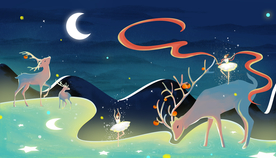 小鹿梦幻夜晚卡通插画背景素材