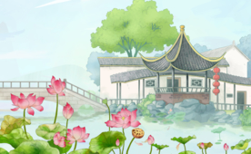 凉亭山水清新插画卡通背景素材