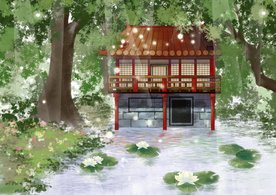 凉亭清新传统复古插画背景素材