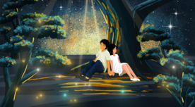 情侣人物清新森林插画背景素材