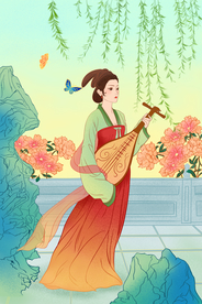 人物琵琶清新国风插画背景素材