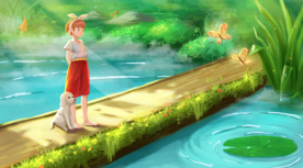 人物少女池塘插画卡通背景素材