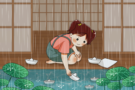 人物女孩下雨插画卡通背景素材