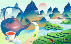 采茶茶叶复古插画卡通海报素材