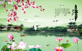 湖泊花鸟背景墙